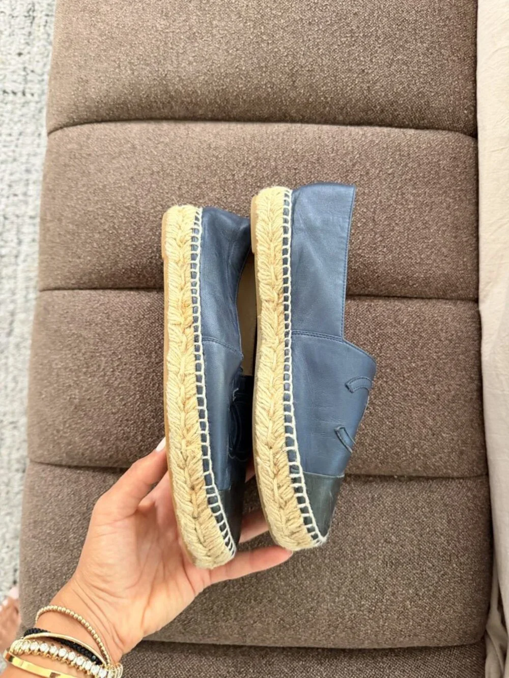 Chanel Espadrilles Navy Leather Black Cap Toe 36